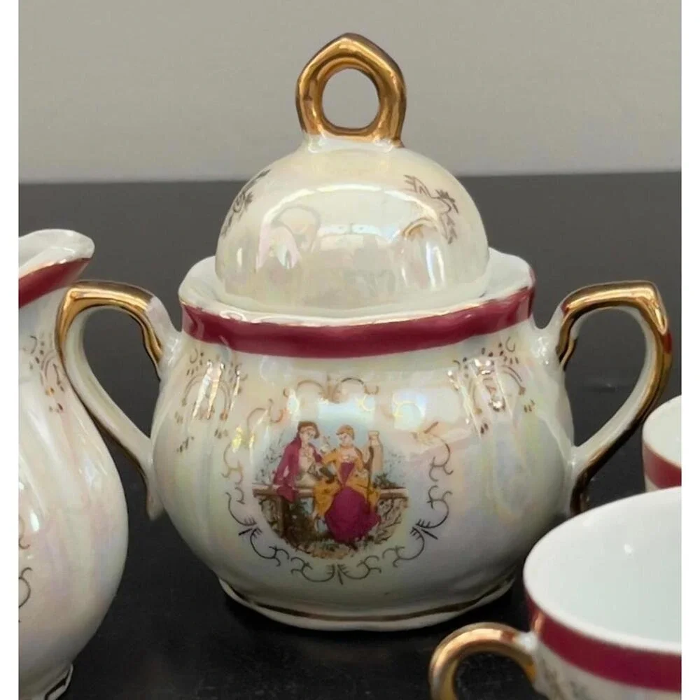 Vintage Italian Lusterware Tea Set Courting Couple‎ Burgundy Gold 8pc OS